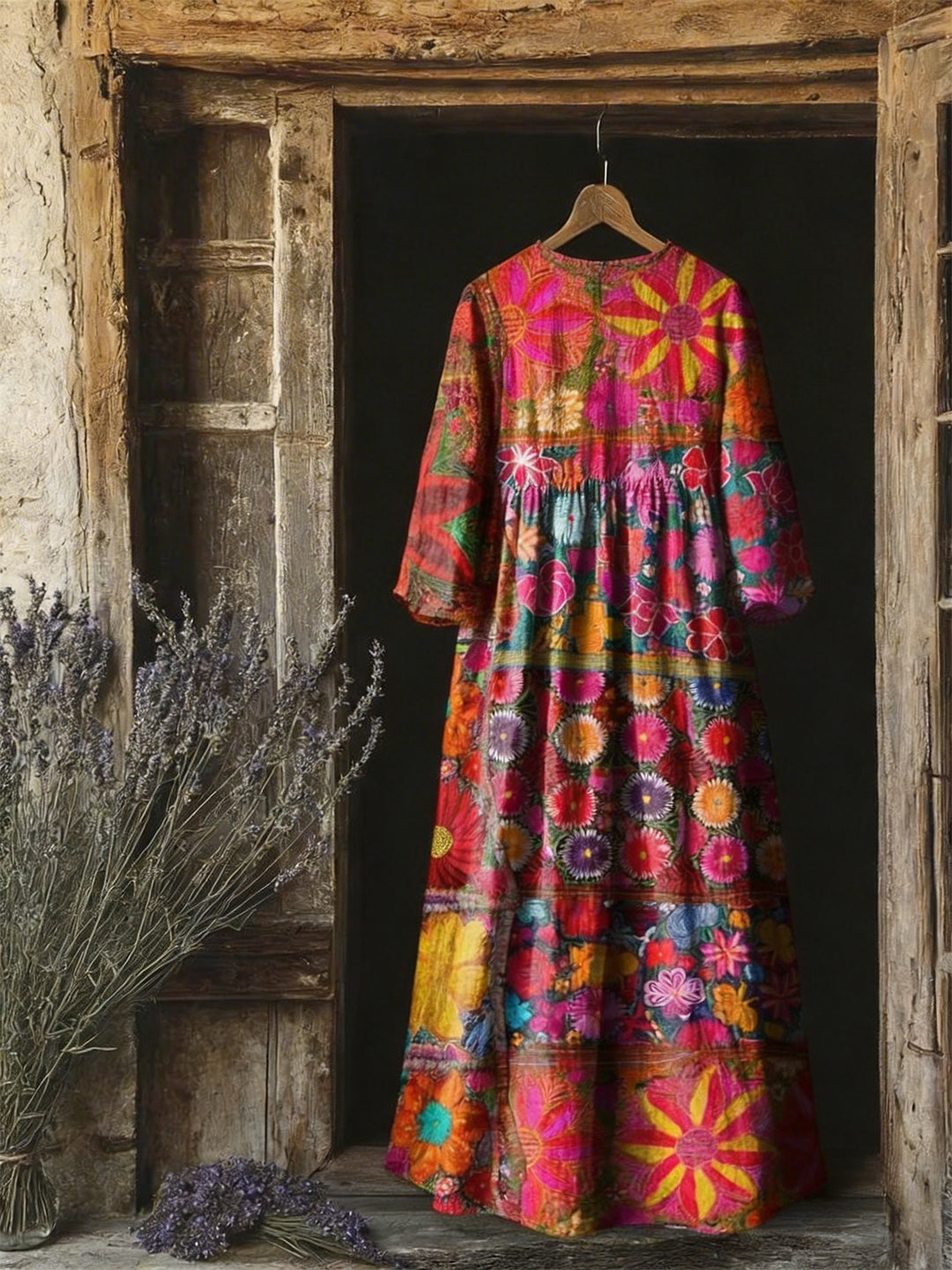 Colorful Large Flower Patchwork Printed Pocket Dress