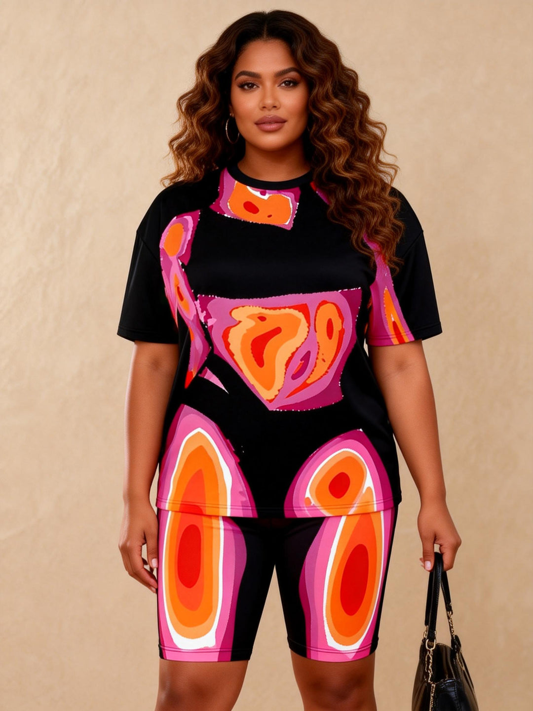 Pink Orange Gradient Geometric Figure Print Casual Shorts Set