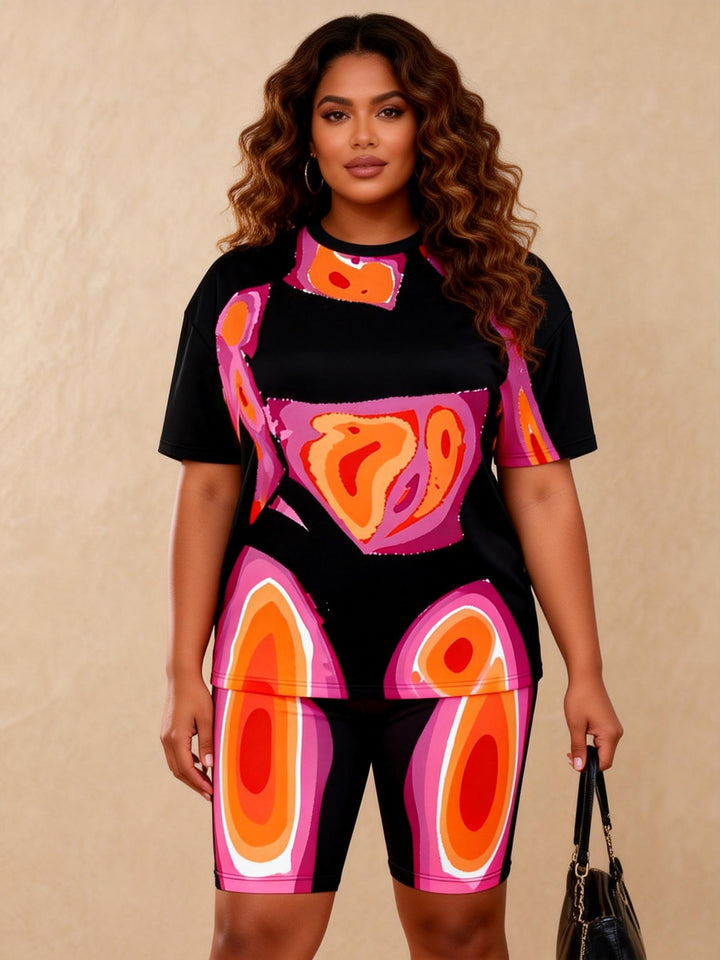 Pink Orange Gradient Geometric Figure Print Casual Shorts Set