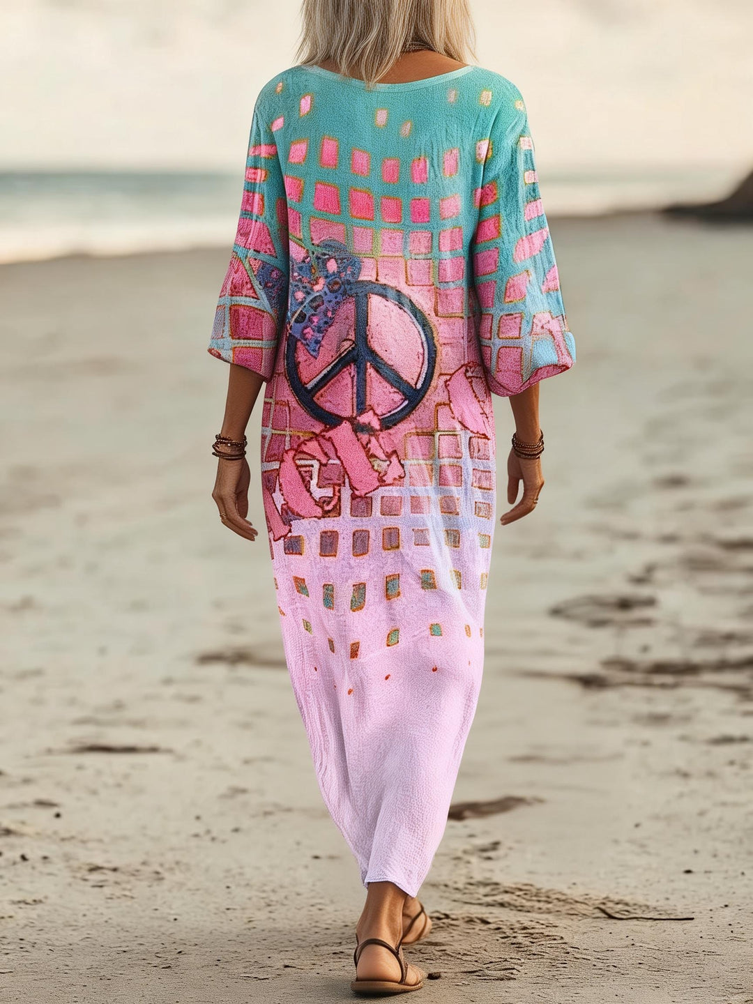 Gradient Plaid And Peace Symbol Printed V-Neck Getaway Dress