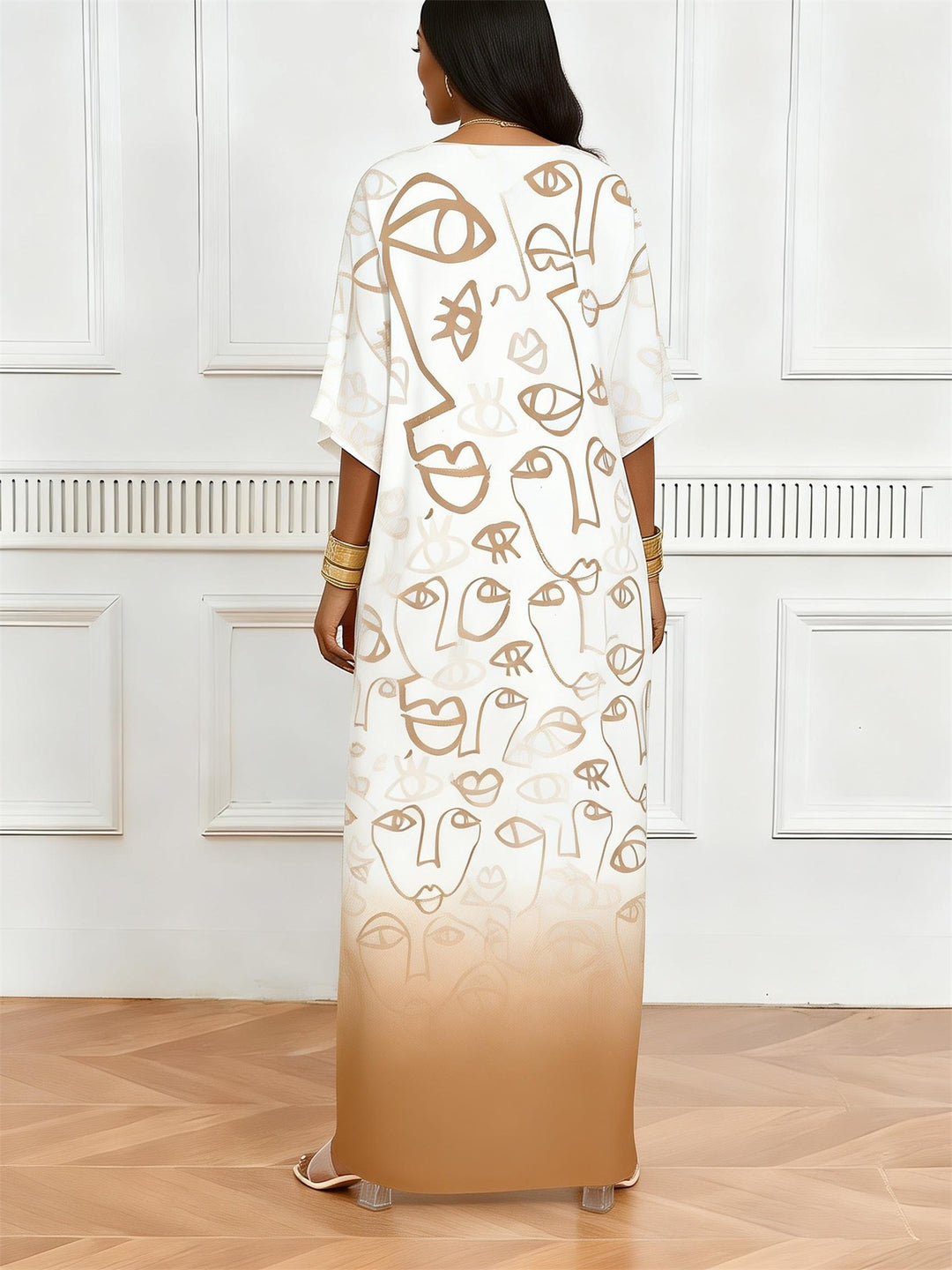 Khaki Gradient Abstract Face Print V-Neck Elegant Dress