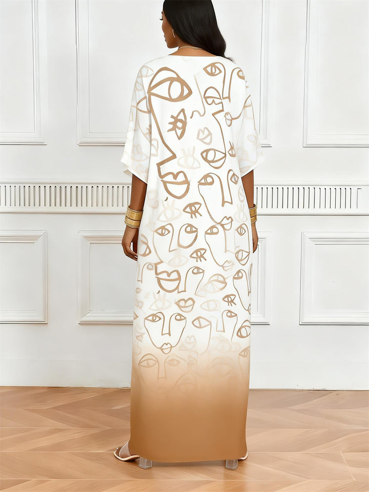 Khaki Gradient Abstract Face Print V-Neck Elegant Dress