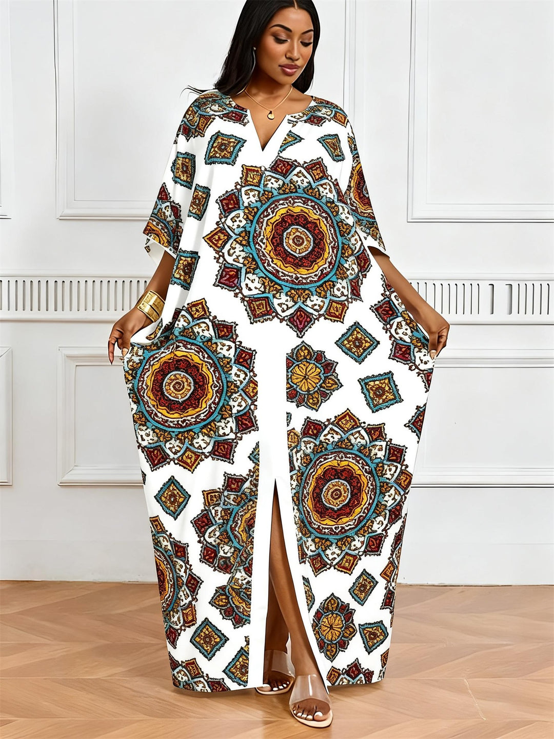 Ethnic Mandala Geometric Print V-Neck Elegant Dress