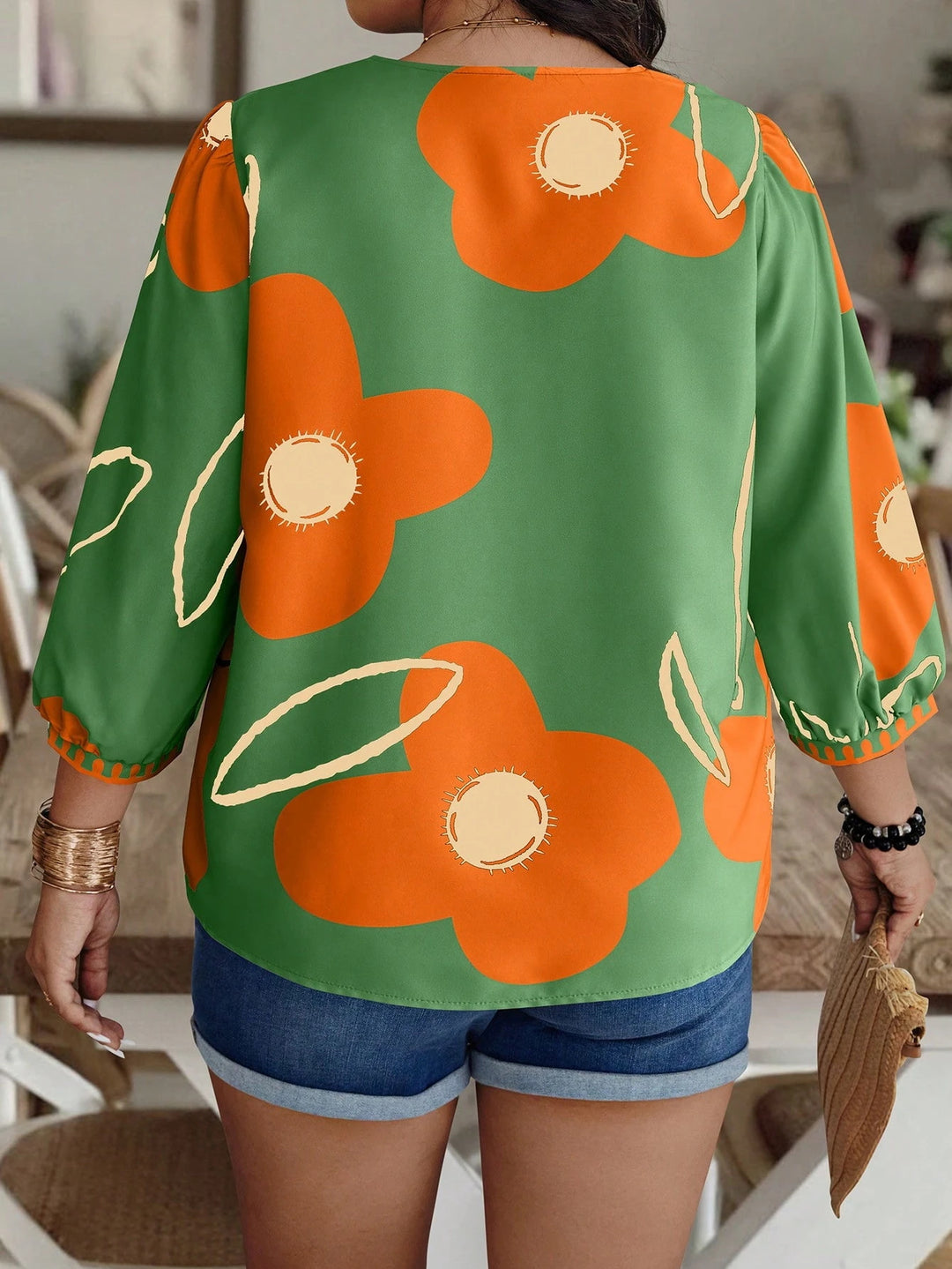 Pink Green Large Floral Print V-Neck Puff Sleeve Top