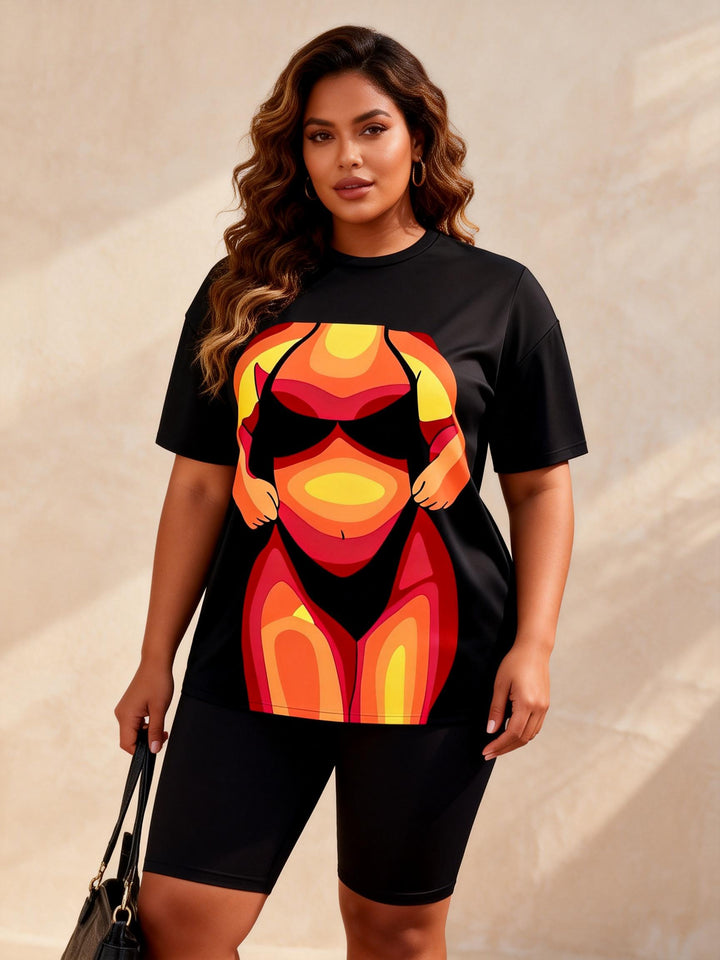 Orange Red Gradient Abstract Bikini Print Casual Shorts Set