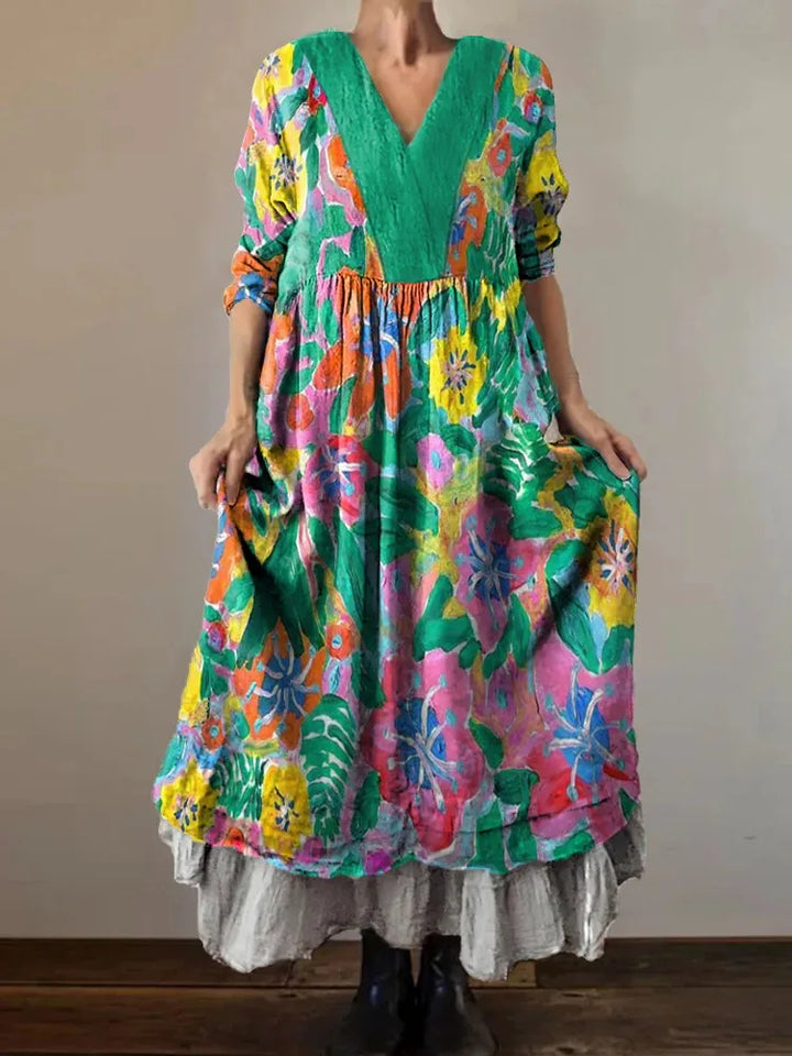 Dopamine Tropical Floral-Print Loose V-Neck Dress