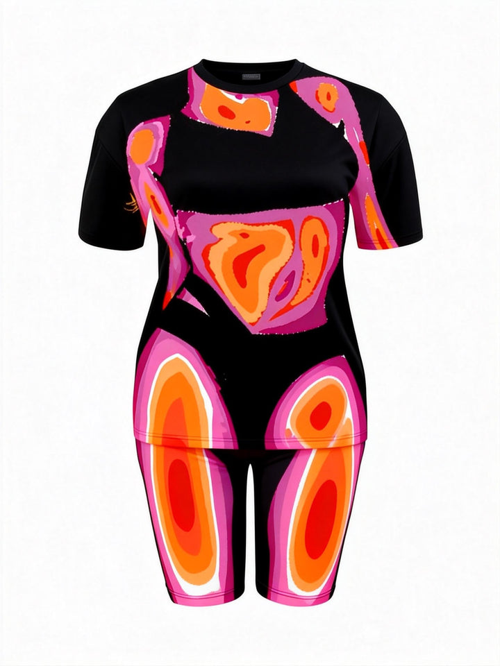 Pink Orange Gradient Geometric Figure Print Casual Shorts Set