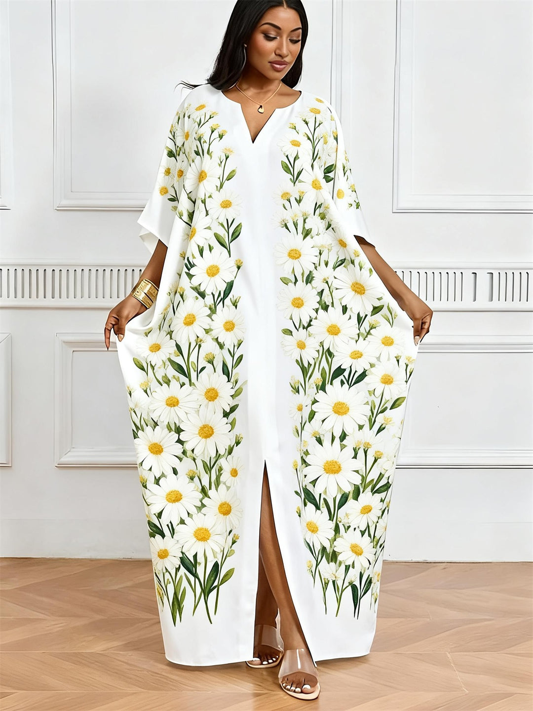 Refreshing Daisy Vertical Strip Print V-Neck Elegant Dress