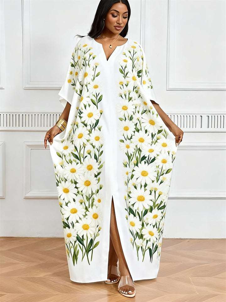 Refreshing Daisy Vertical Strip Print V-Neck Elegant Dress