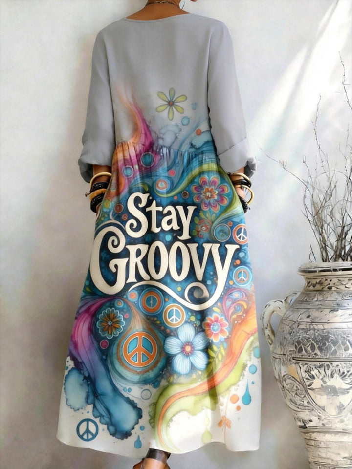 Gradient "Stay Groovy" Peace Symbol Floral Print Pocket Dress