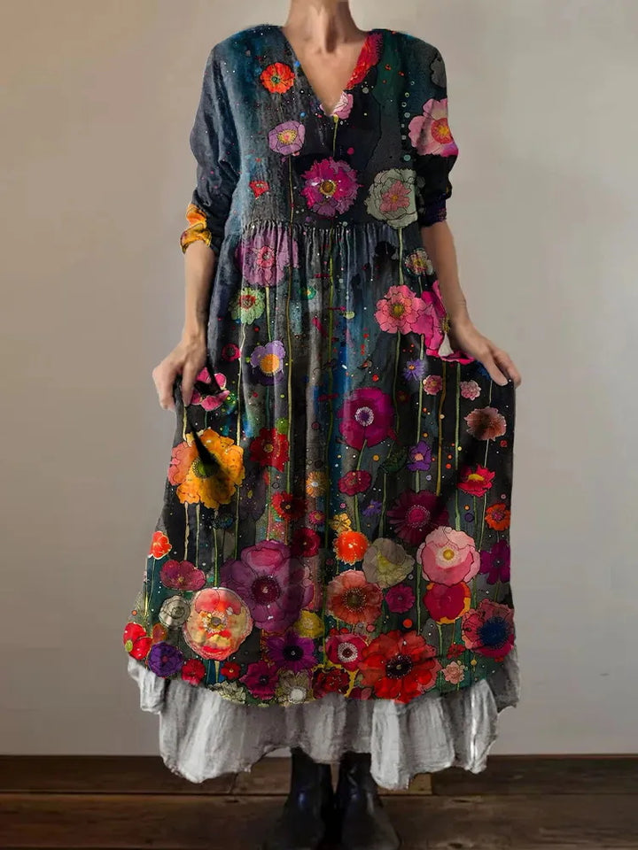 Night Flower Art Print Loose V-Neck Dress