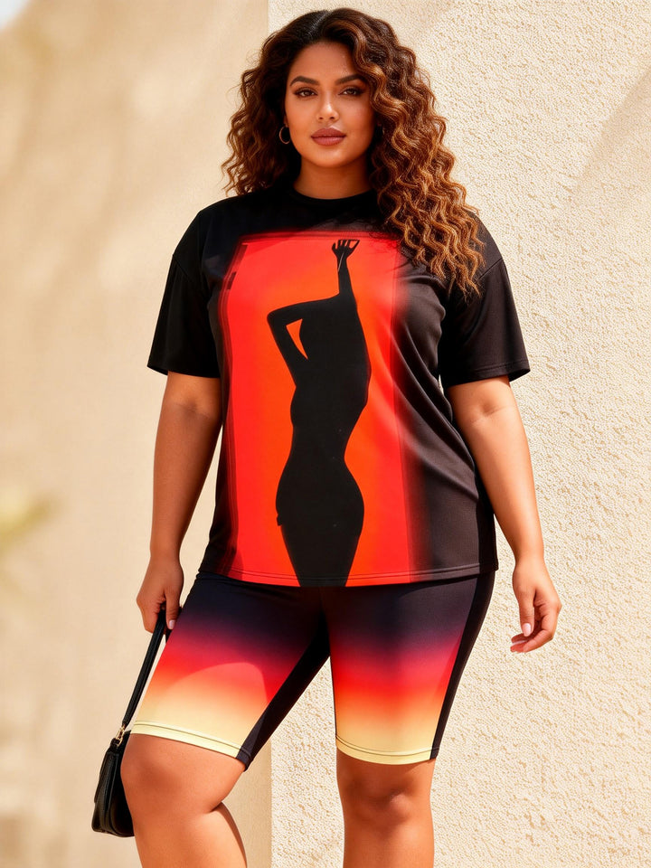 Gradient Dancer Silhouette Print Casual Shorts Set