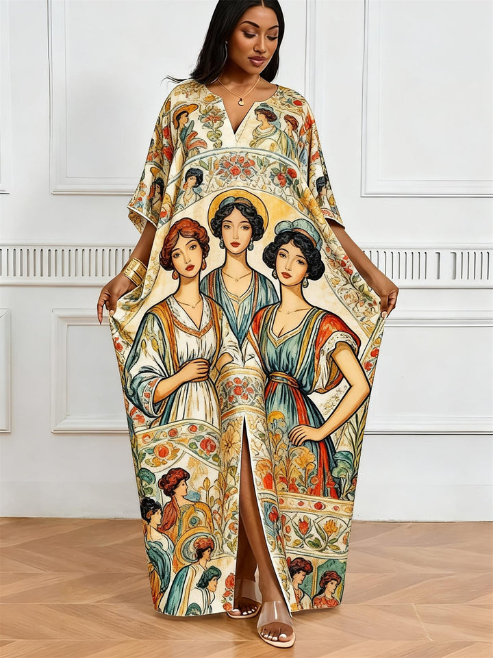 Classical Sanmei Figure Floral Print V-Neck Elegant Dress