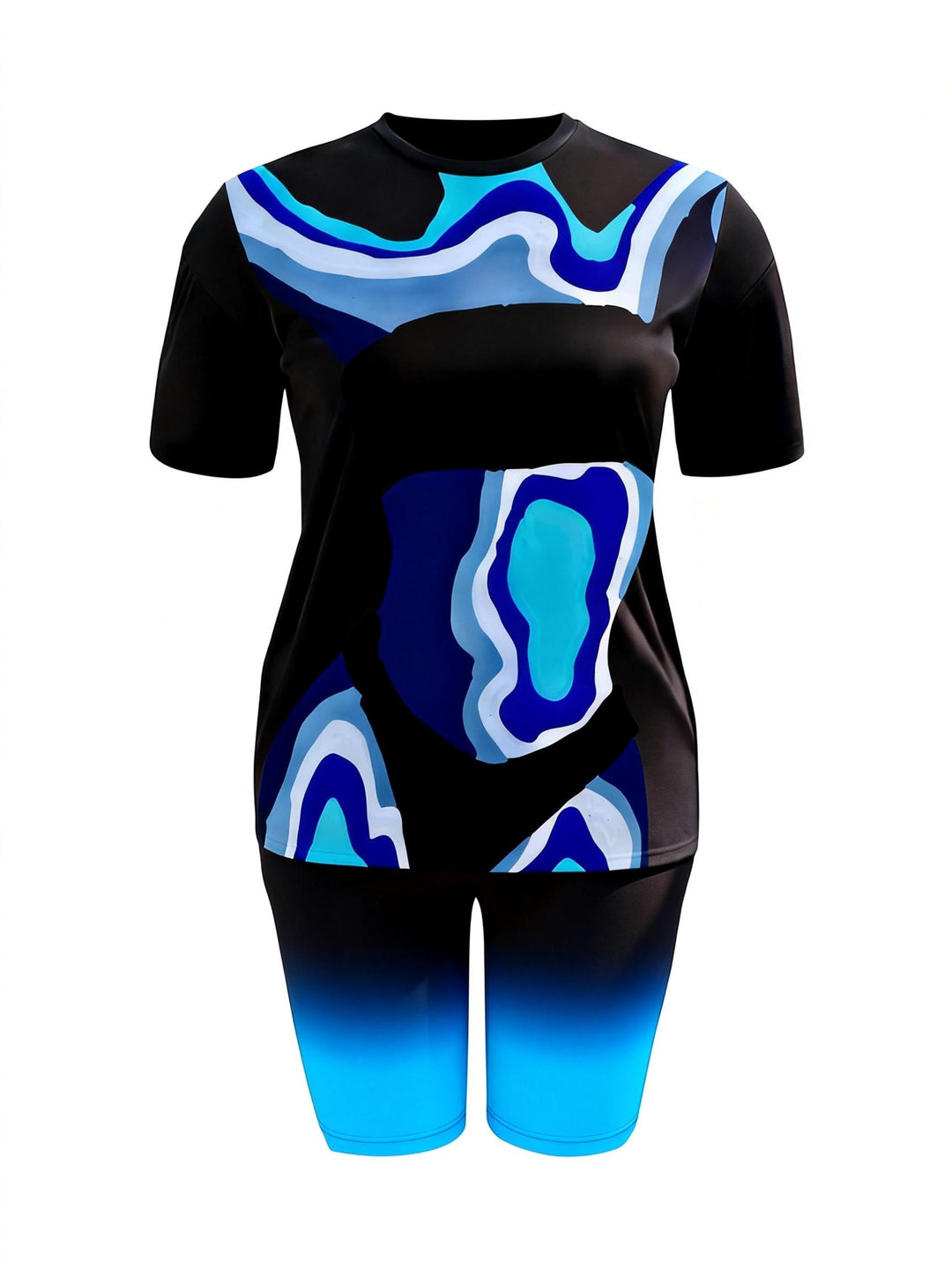 Black Blue And White Laminated Abstract Printed Casual Shorts Set