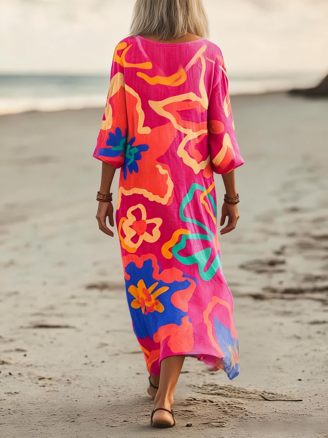 Contrast Abstract Floral Print V-neck Holiday Dress