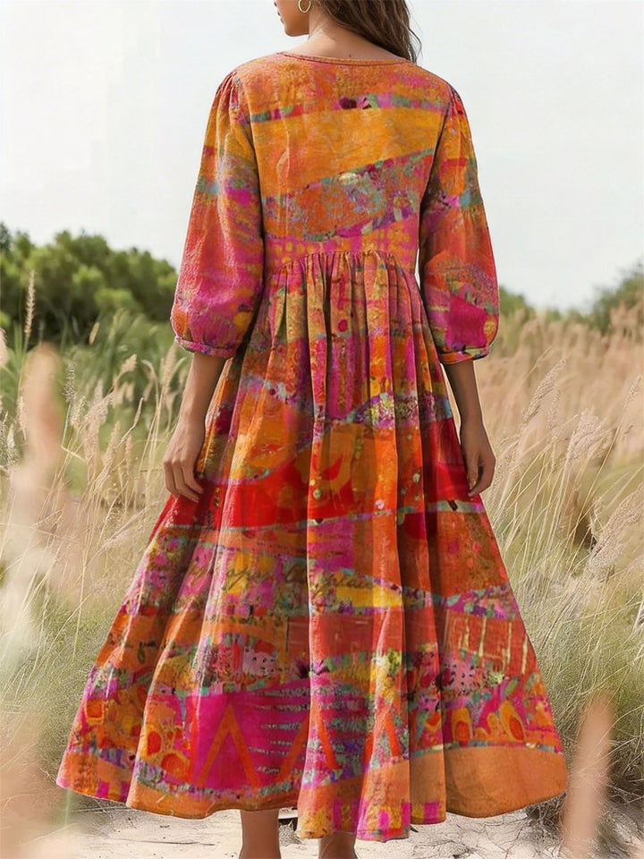 Colorful Contrast Floral Print Pocket Dress