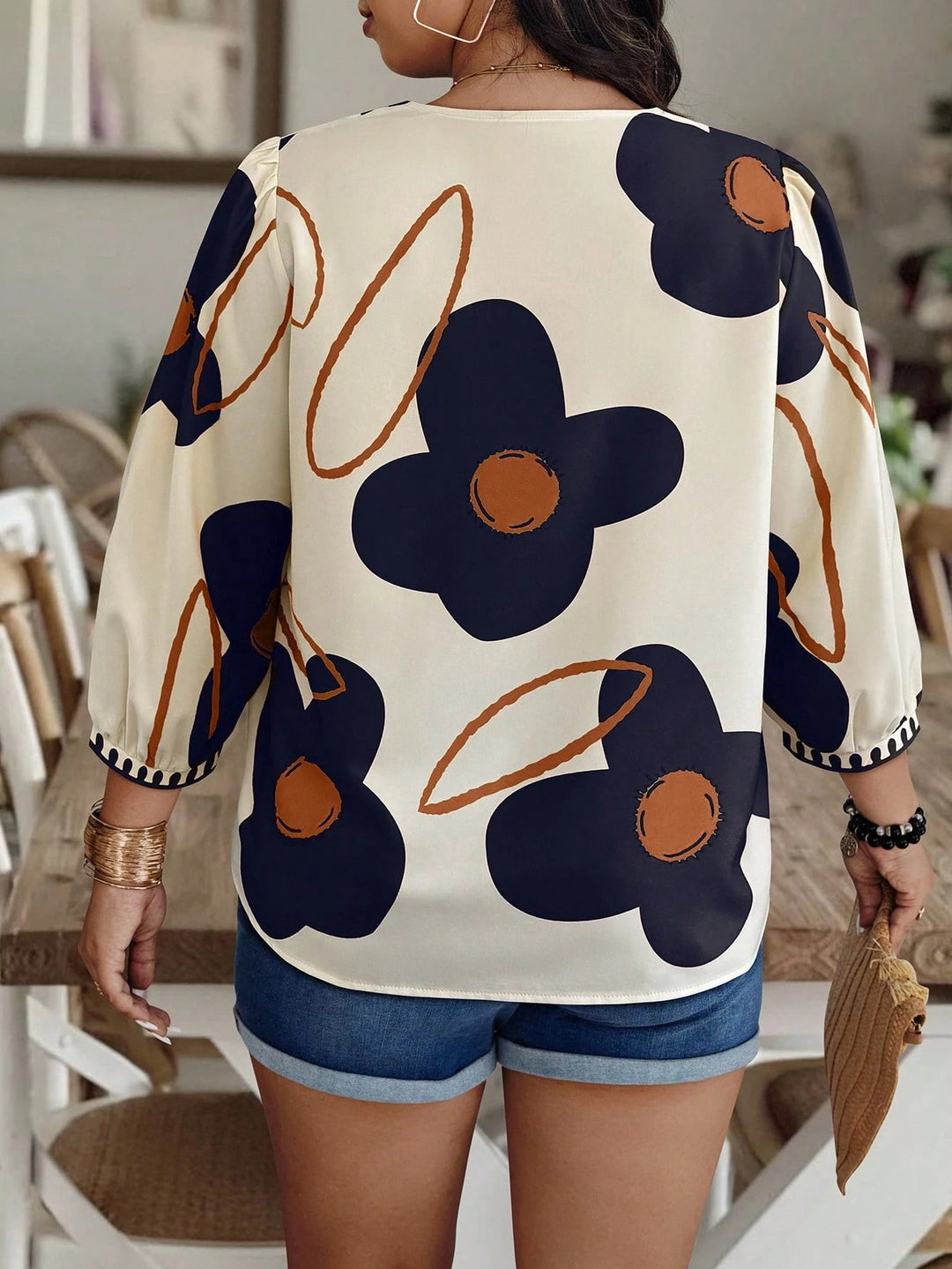 Pink Green Large Floral Print V-Neck Puff Sleeve Top