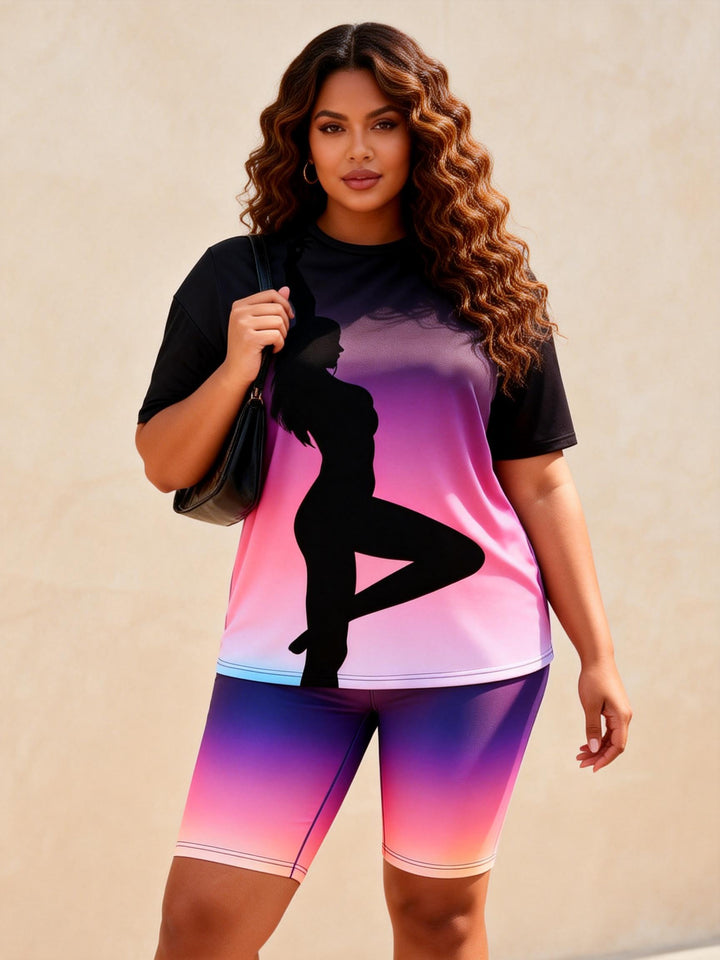 Pink And Purple Gradient Dancer Silhouette Print Casual Shorts Set
