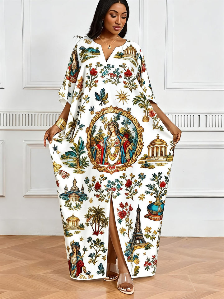 European-style Vintage Architectural Figure Print V-neck Elegant Dress