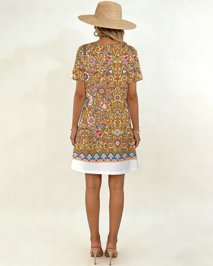 Casual Position Print Small V-Neck Double Pocket Dress