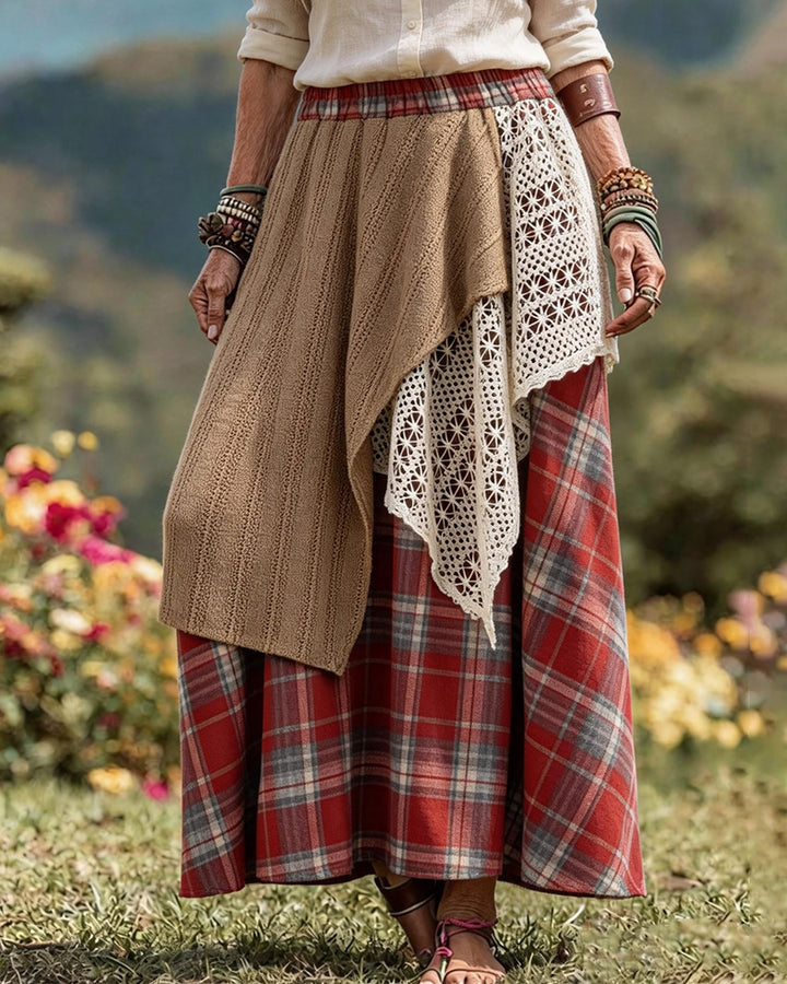 Vintage Plaid Irregular Stitching Skirt