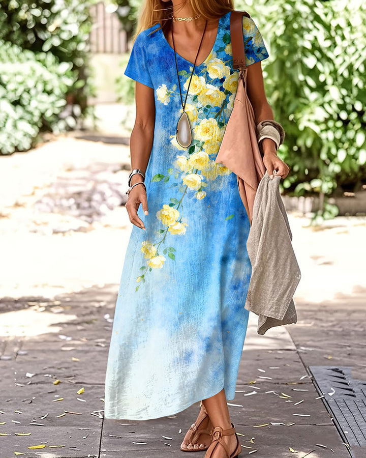 Gradient Yellow Roses Print Casual V-Neck Short Sleeve A-Line Loose Long Dress