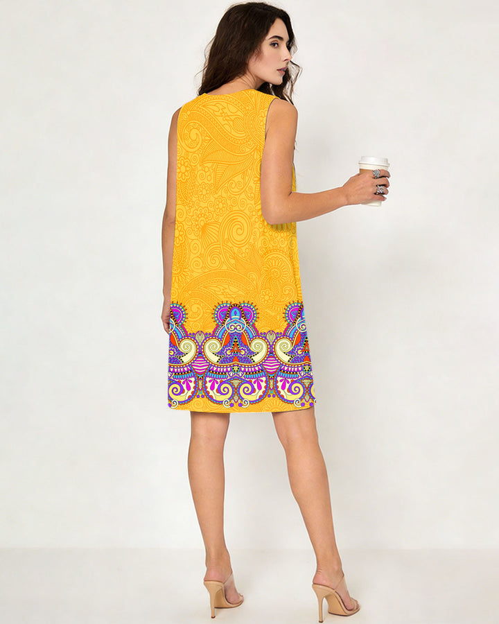 Elegant Sleeveless Yellow Jacquard Print Dress