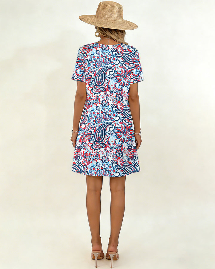 Casual Blue Printed Small V-Neck Dress