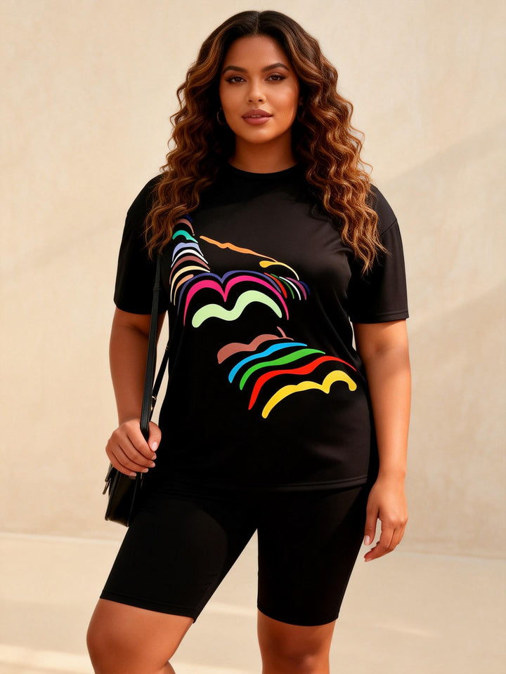 Rainbow Line Print Casual Shorts Set