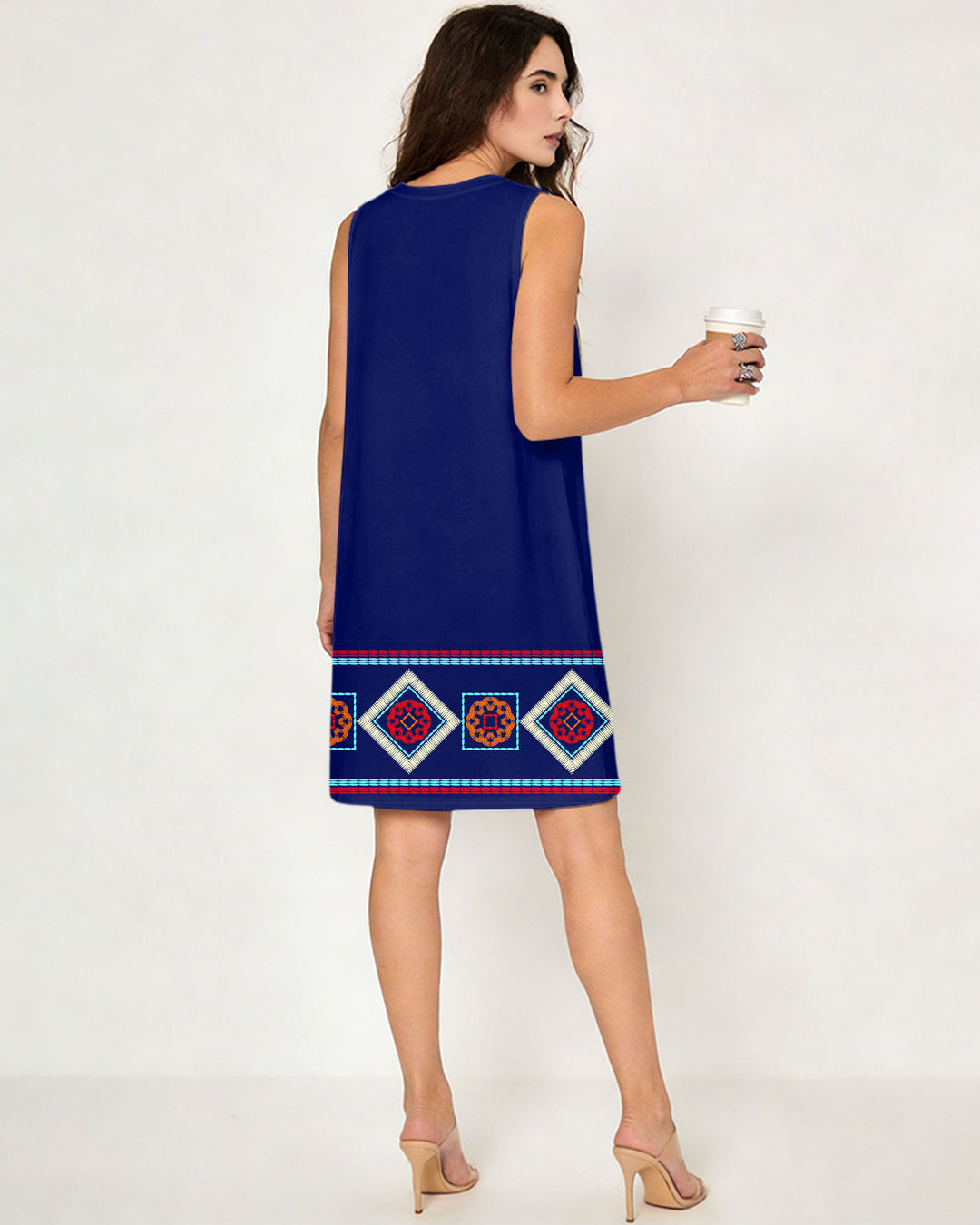 Simple Skirt Printed Sleeveless Dress Blue
