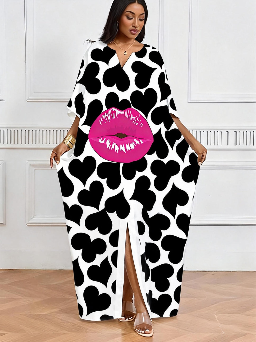 Black And White Love Red Lip Print V-Neck Elegant Dress