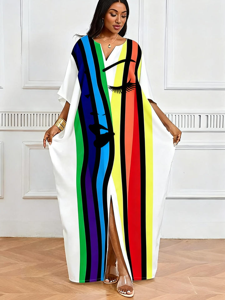 Rainbow Stripe Abstract Face V-Neck Casual Elegant Dress