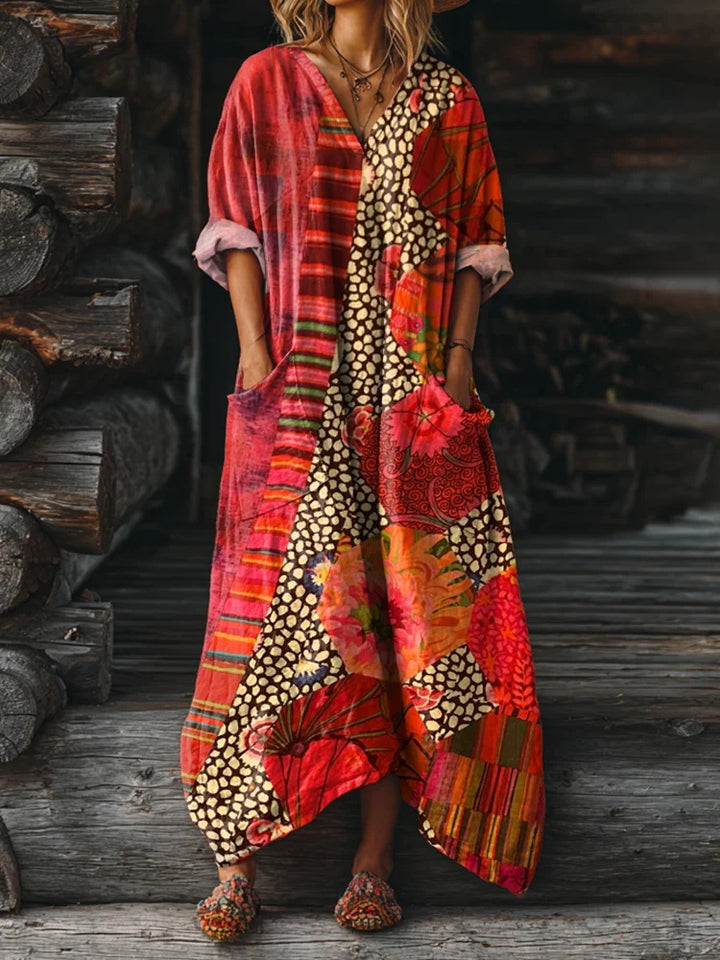 Red Patchwork Floral-Print Loose V-Neck Pocket Dress