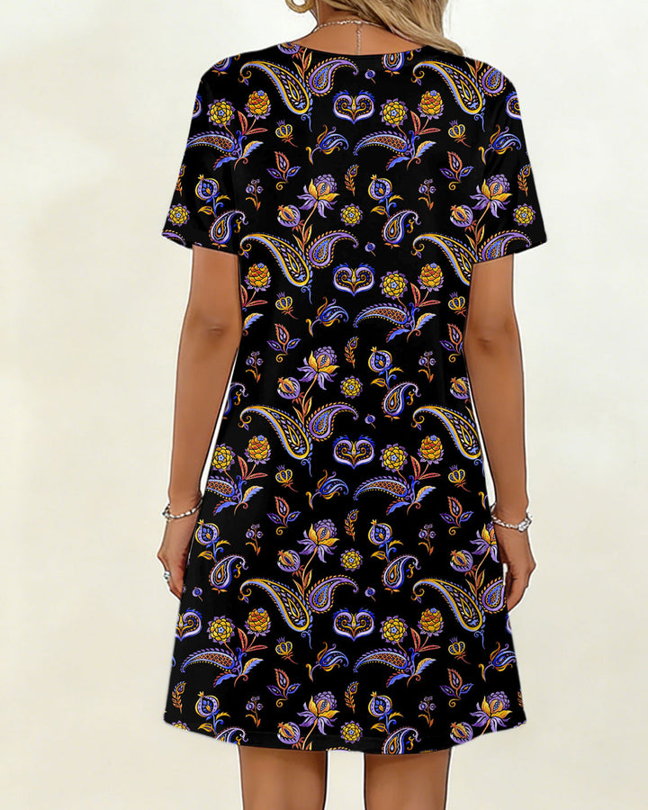 Black Paisley Floral Small V-Neck Dress