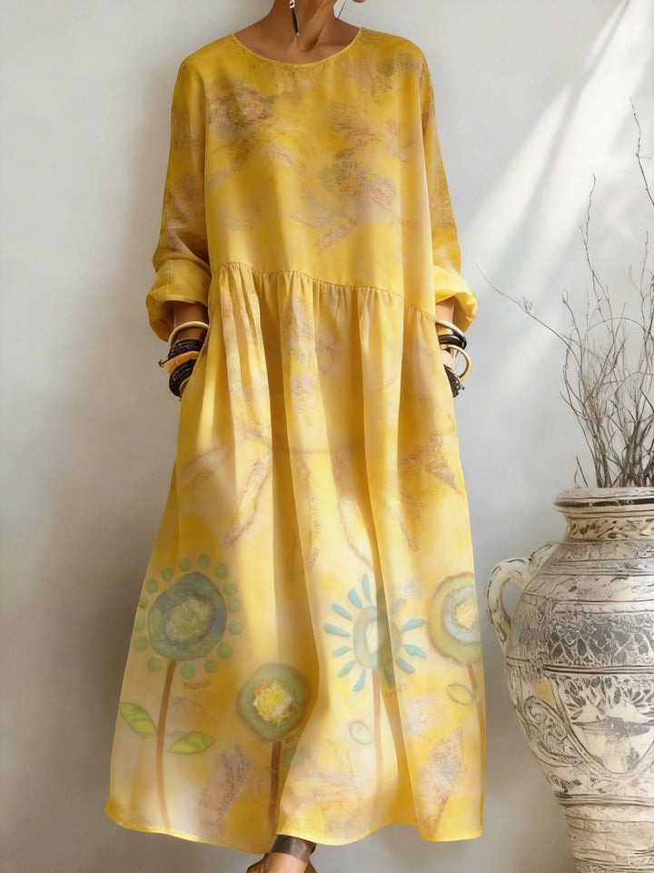 Goose Yellow Watercolor Floral Print Pocket Dress