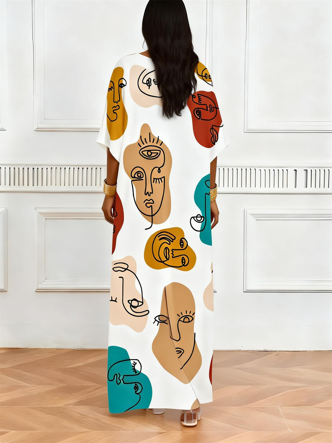 Colorful Abstract Face Print V-Neck Elegant Dress