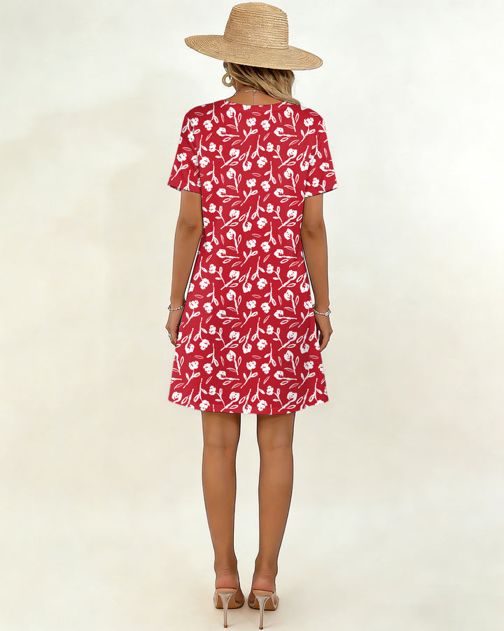 Red Floral Style V-Neck Dress