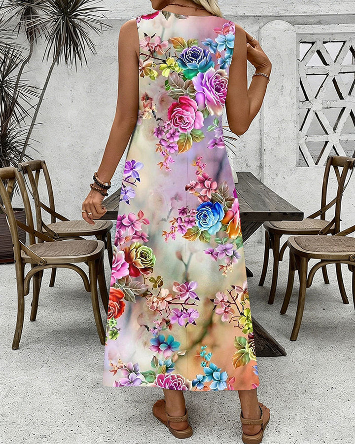 Gradient Romantic Rose Print Round Neck Sleeveless Loose Elegant Chic Dress
