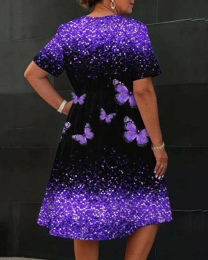 Purple Sequined Butterfly Patchwork Print Daily Loose Plain Shirt Dress