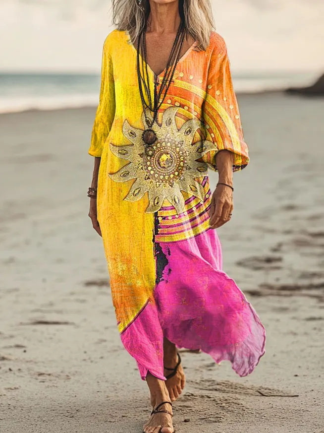Bohemian Sun Totem Print V-Neck Holiday Dress