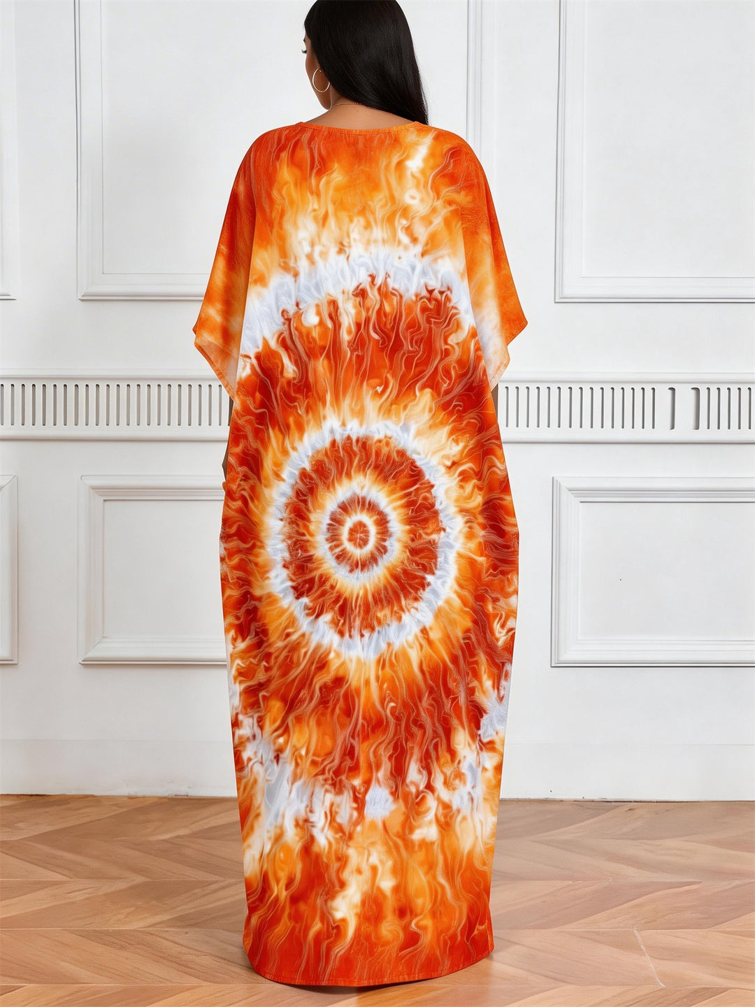 Orange White Spiral Tie-Dye V-Neck Elegant Dress