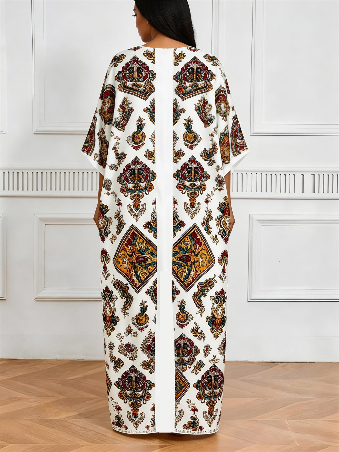 Vintage Palace Style Diamond Totem Print V-Neck Elegant Dress