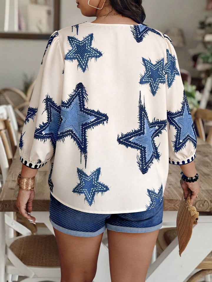 Denim Blue Five-pointed Star Print V-Neck Puff Sleeve Top