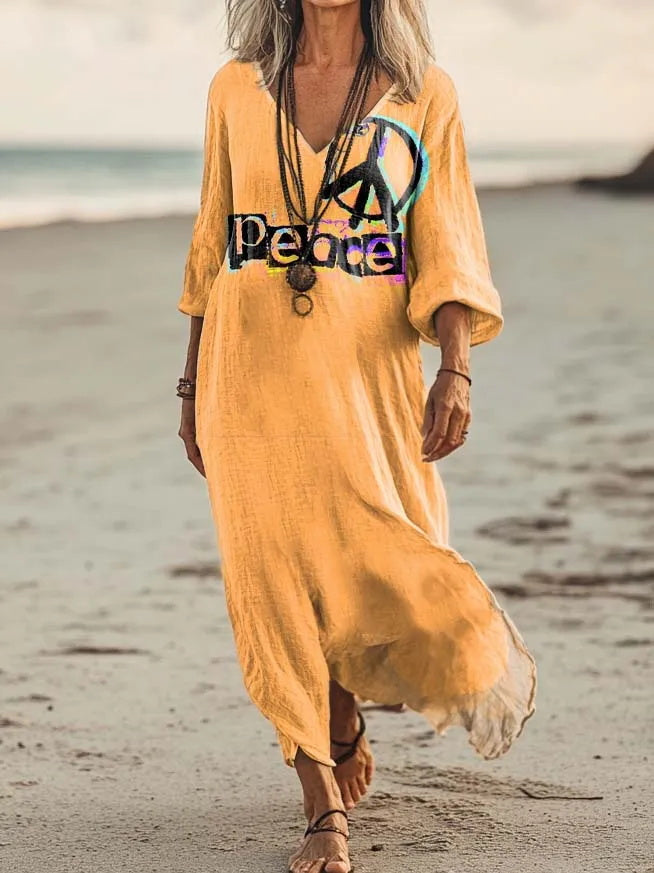 Turmeric Peace Symbol Peace Print V-Neck Holiday Dress