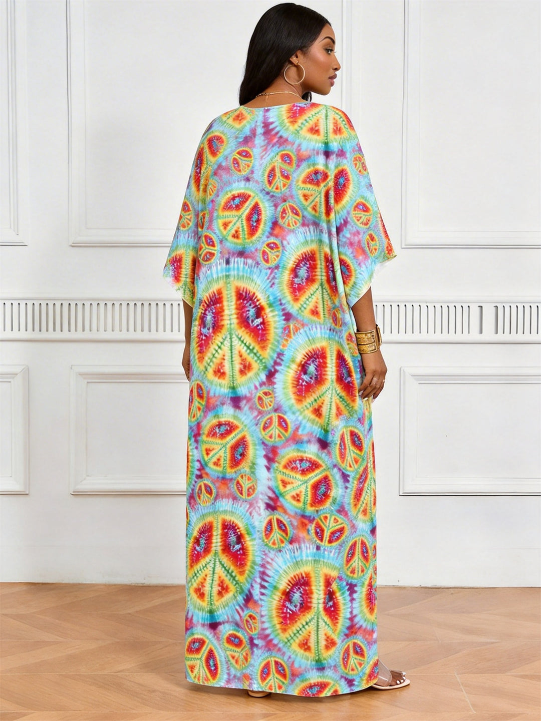 Rainbow Tie-Dye Peace Symbol Print V-Neck Elegant Dress