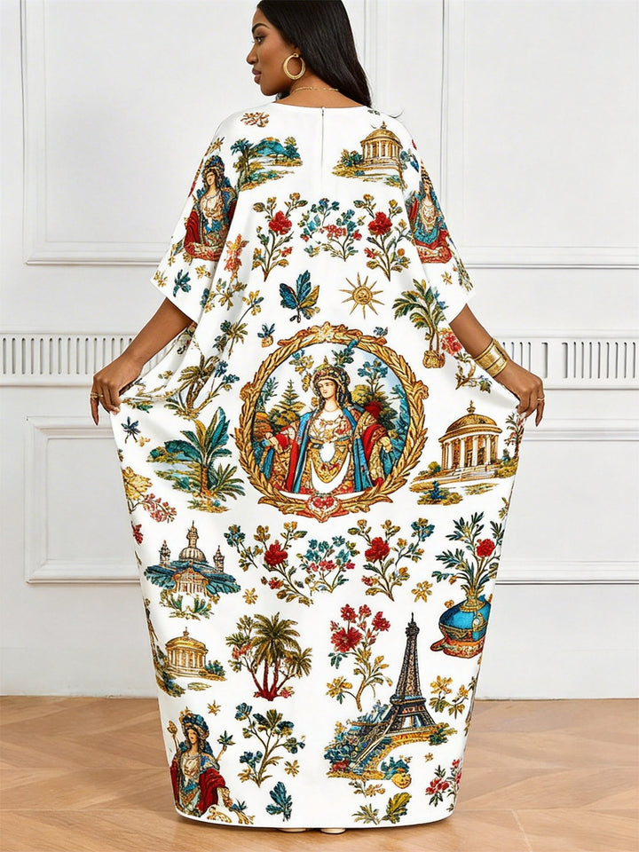 European-style Vintage Architectural Figure Print V-neck Elegant Dress