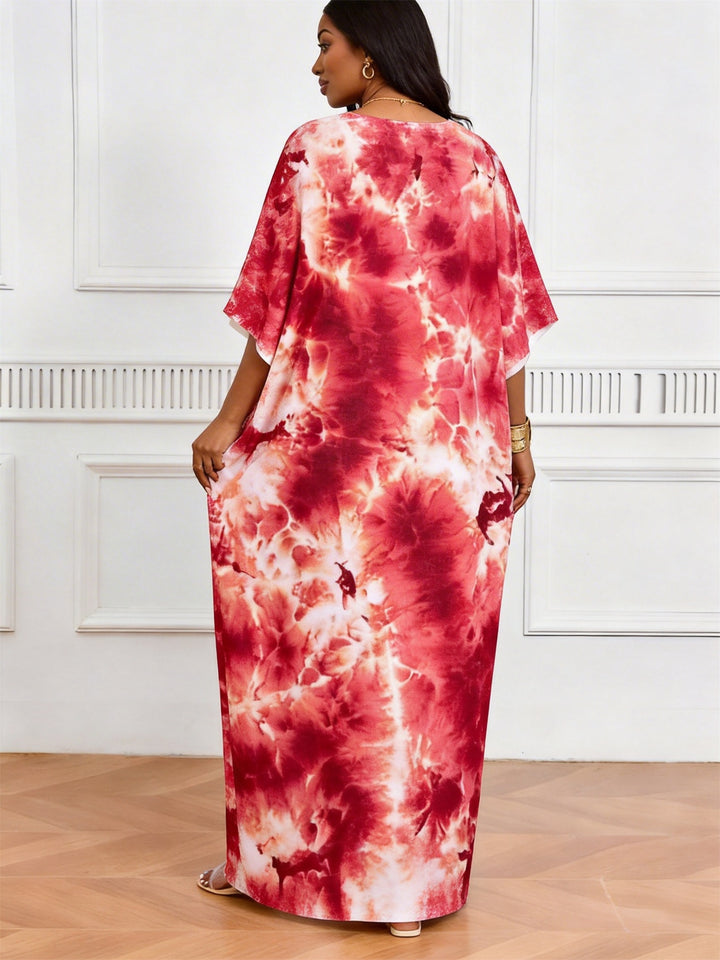 Red And White Halo Tie-Dye Printed V-Neck Elegant Dress