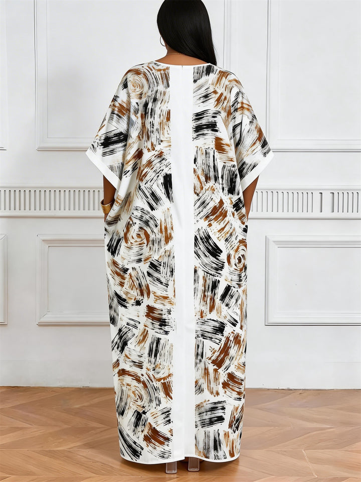 Abstract Brush Contrast Graffiti Print V-Neck Elegant Dress