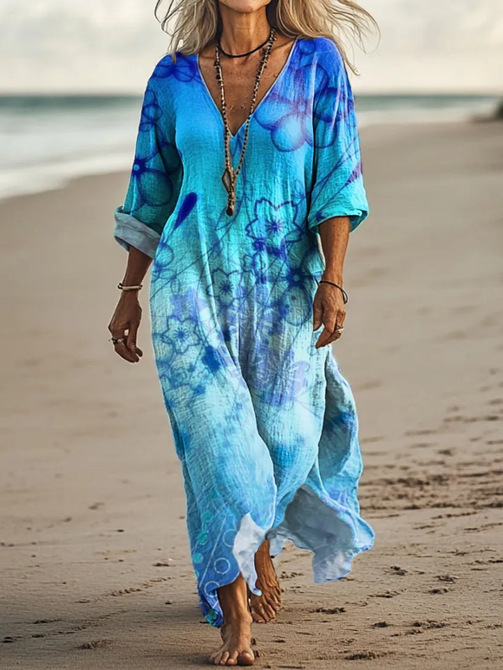 Island Tie-Dye Gradient Blue Printed V-Neck Holiday Dress