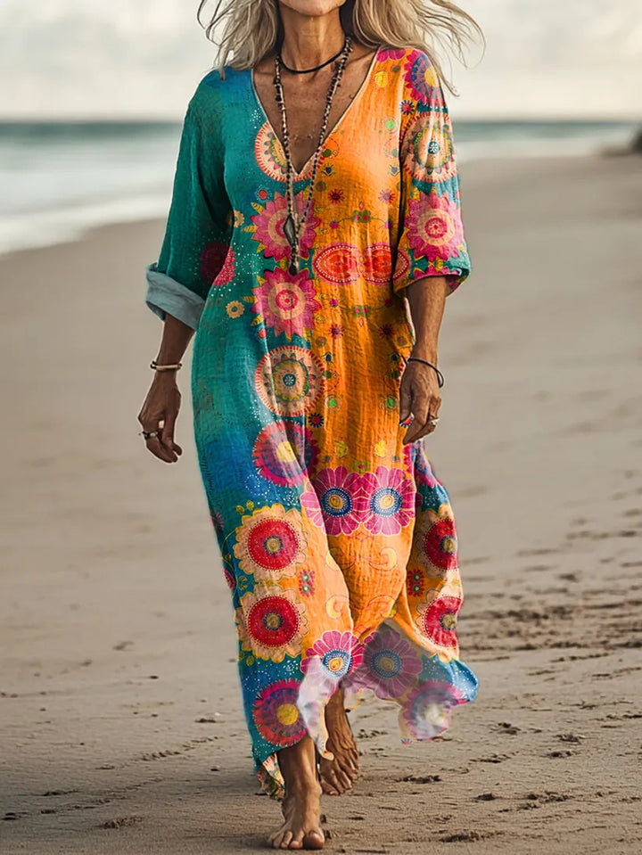 Bohemian Contrast Floral-Print V-Neck Holiday Dress